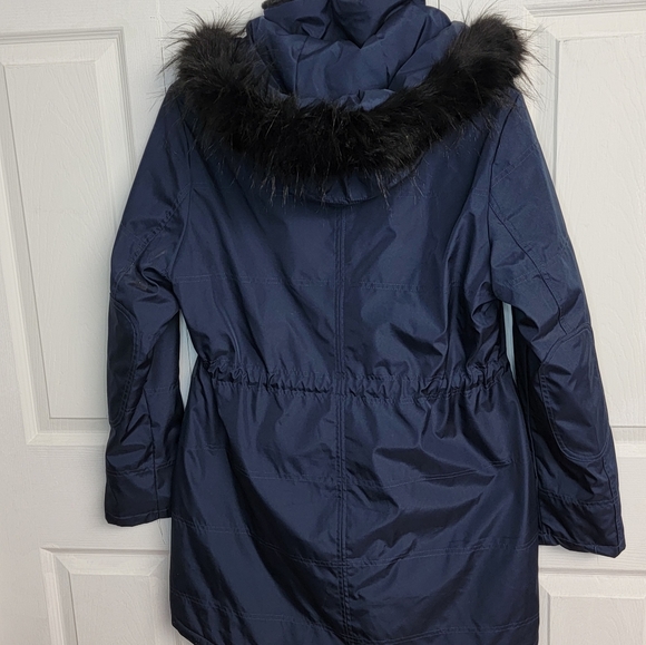 Jessica Simpson Long Jacket Lg Navy and Black Faux Fur Trim - Picture 2 of 3